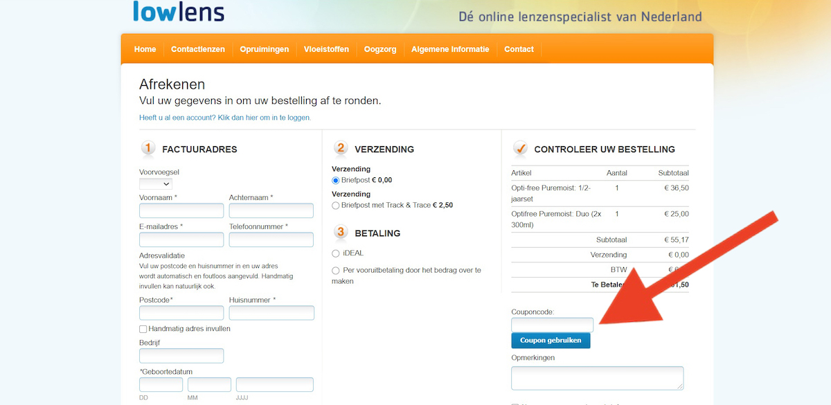 Kortingscode-invoerveld bij Lowlens