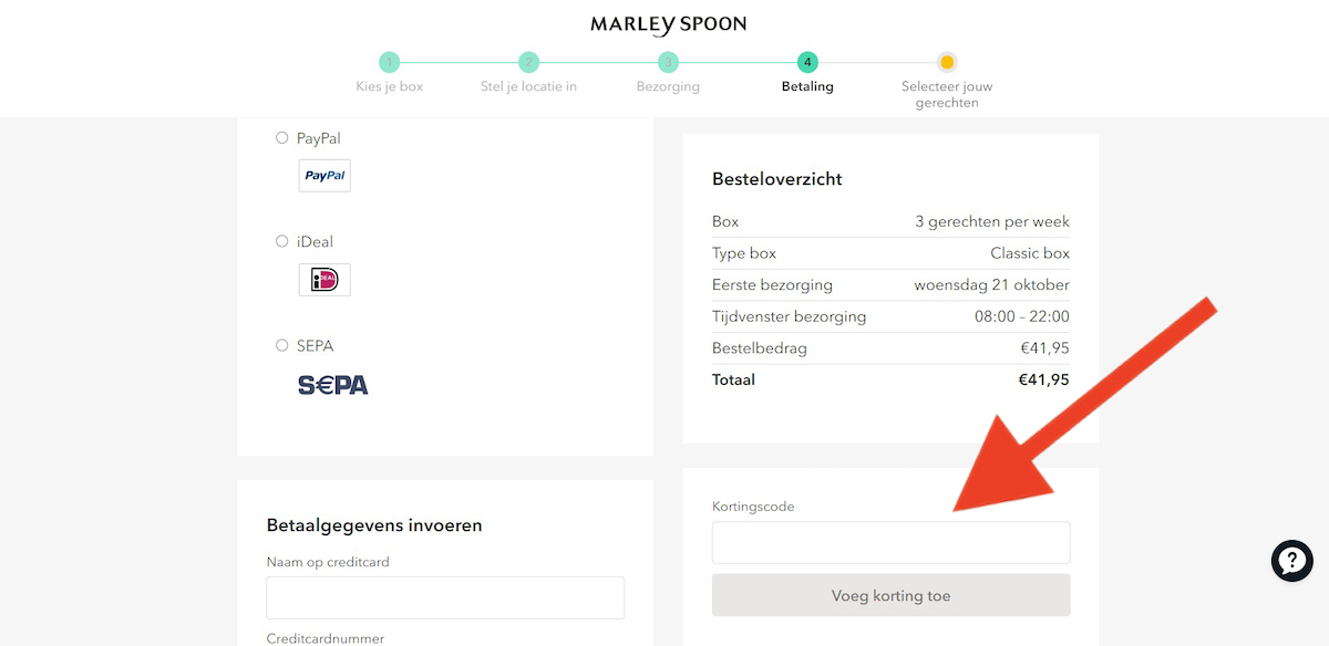 Kortingscode-invoerveld bij Marley Spoon