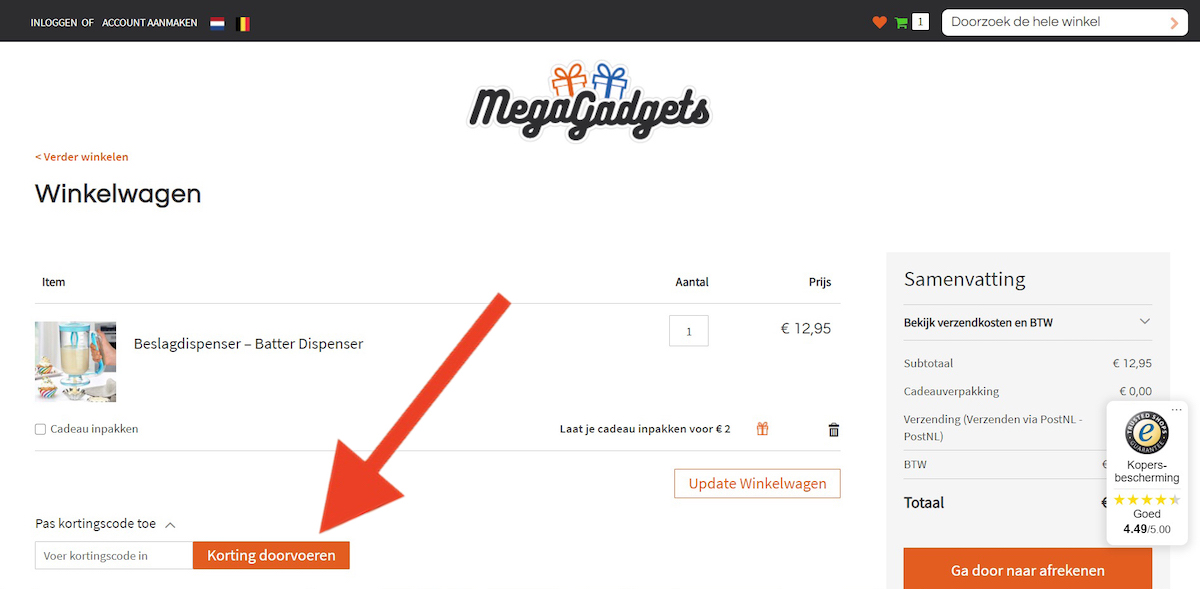 Kortingscode-invoerveld bij MegaGadgets