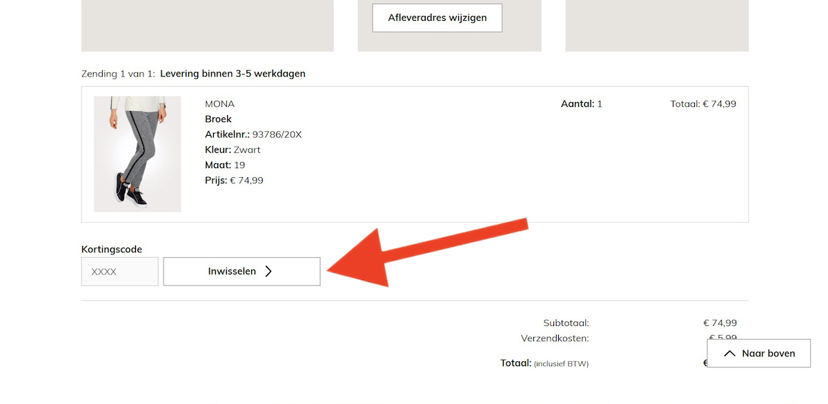 Kortingscode-invoerveld bij MONA Mode
