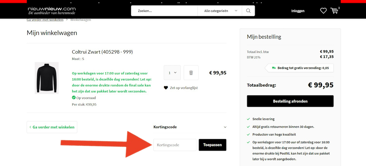 Kortingscode-invoerveld bij Nieuwnieuw.com