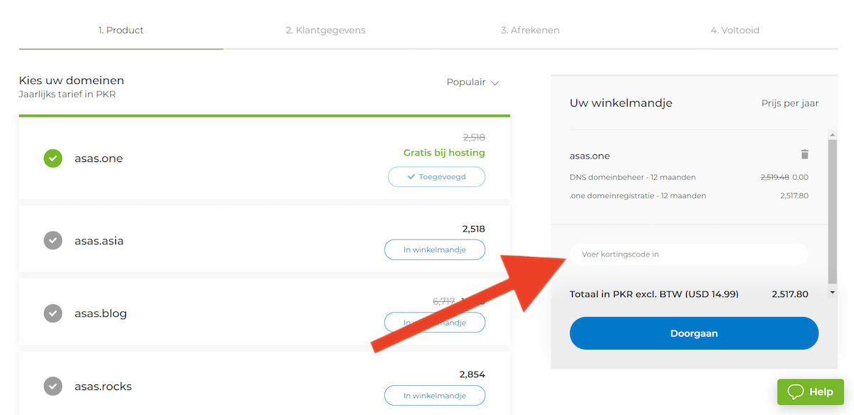 Kortingscode-invoerveld bij One.com
