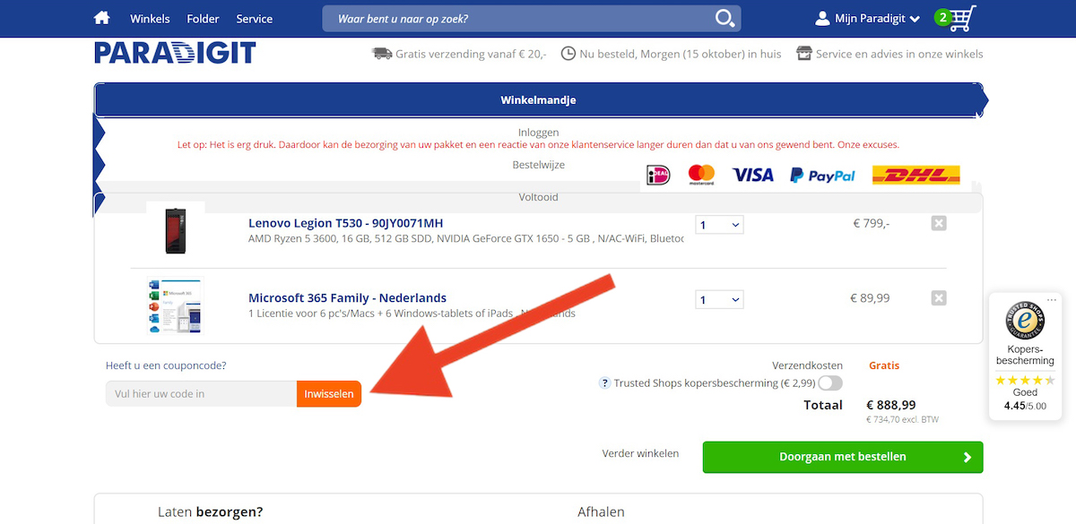 Kortingscode-invoerveld bij Paradigit