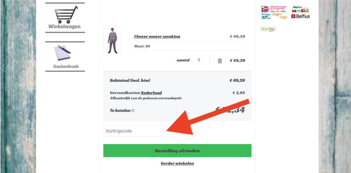 Kortingscode-invoerveld bij Partykleding4u.nl