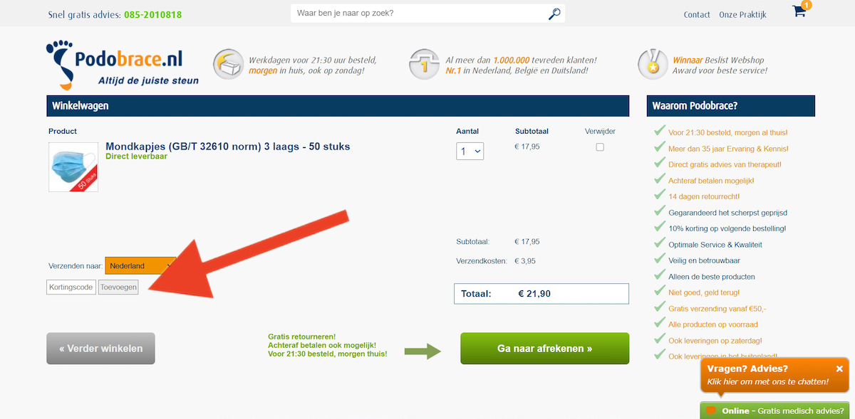 Kortingscode-invoerveld bij Podobrace