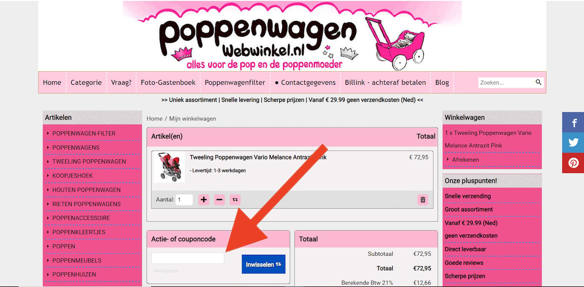 Kortingscode-invoerveld bij Poppenwagen-Webwinkel.nl