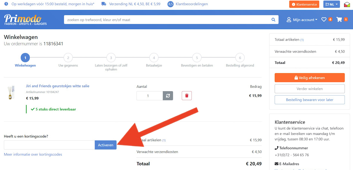 Kortingscode-invoerveld bij Primodo