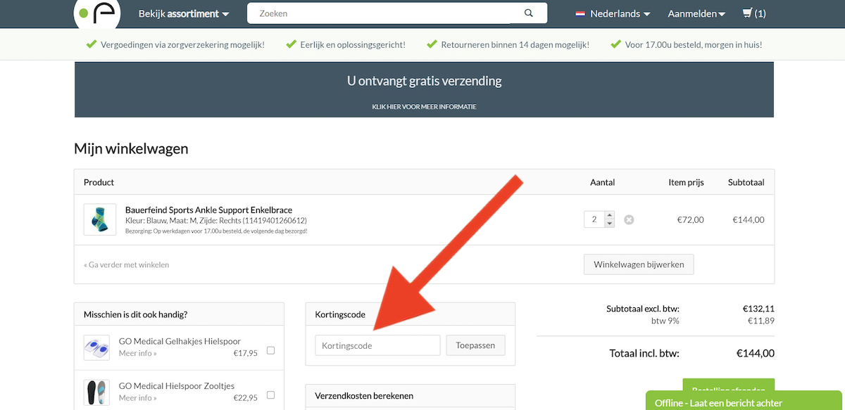 Kortingscode-invoerveld bij Probrace.nl