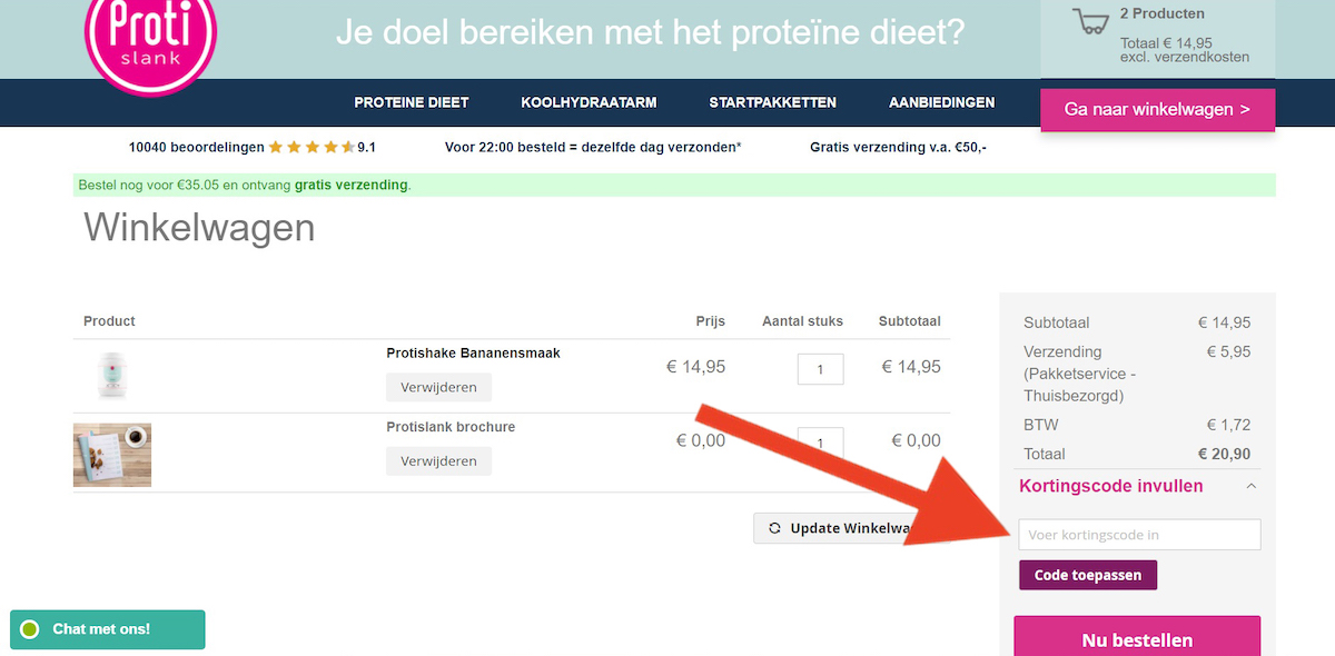 Kortingscode-invoerveld bij Protislank