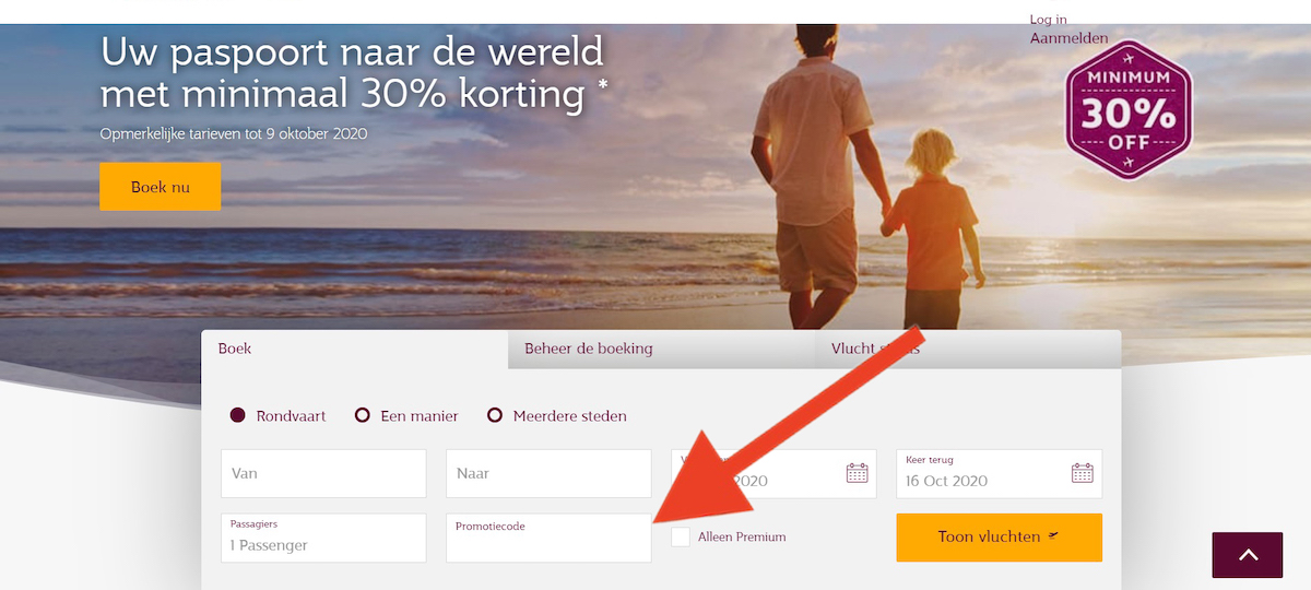 Kortingscode-invoerveld bij Qatar Airways
