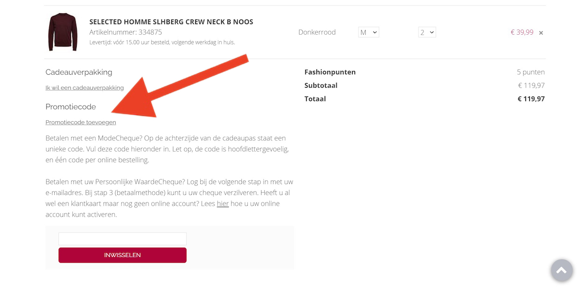 Kortingscode-invoerveld bij Roetgerink