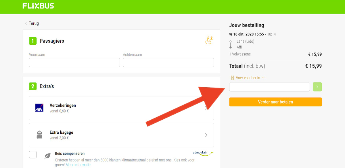 Kortingscode-invoerveld bij Flixbus