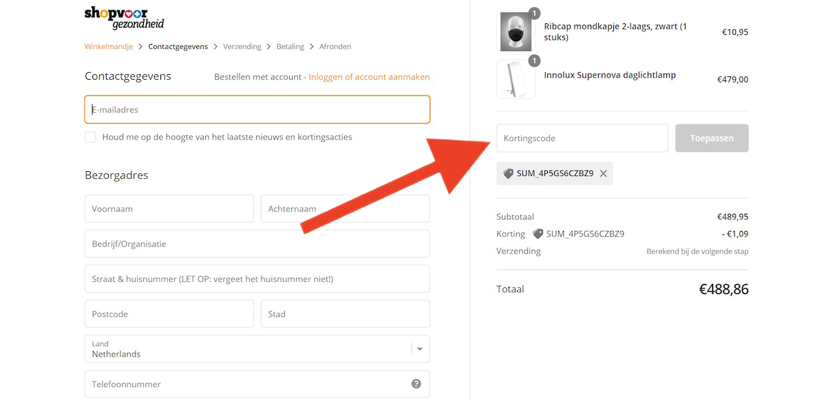 Kortingscode-invoerveld bij Shopvoorgezondheid
