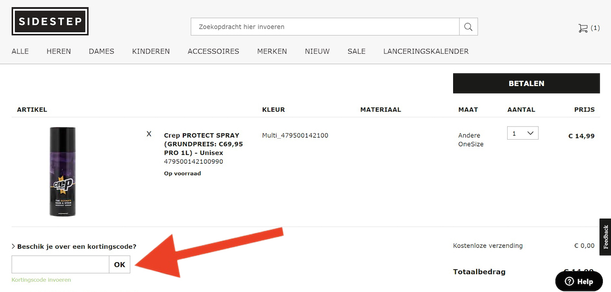 Kortingscode-invoerveld bij Sidestep