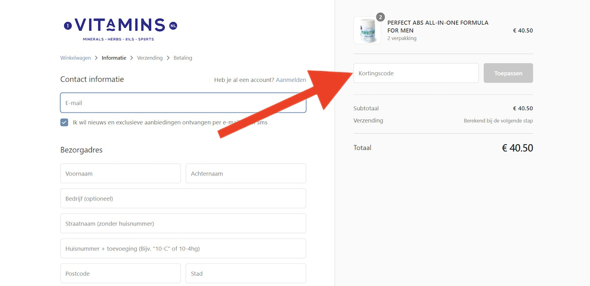 Kortingscode-invoerveld bij Vitamins.nl