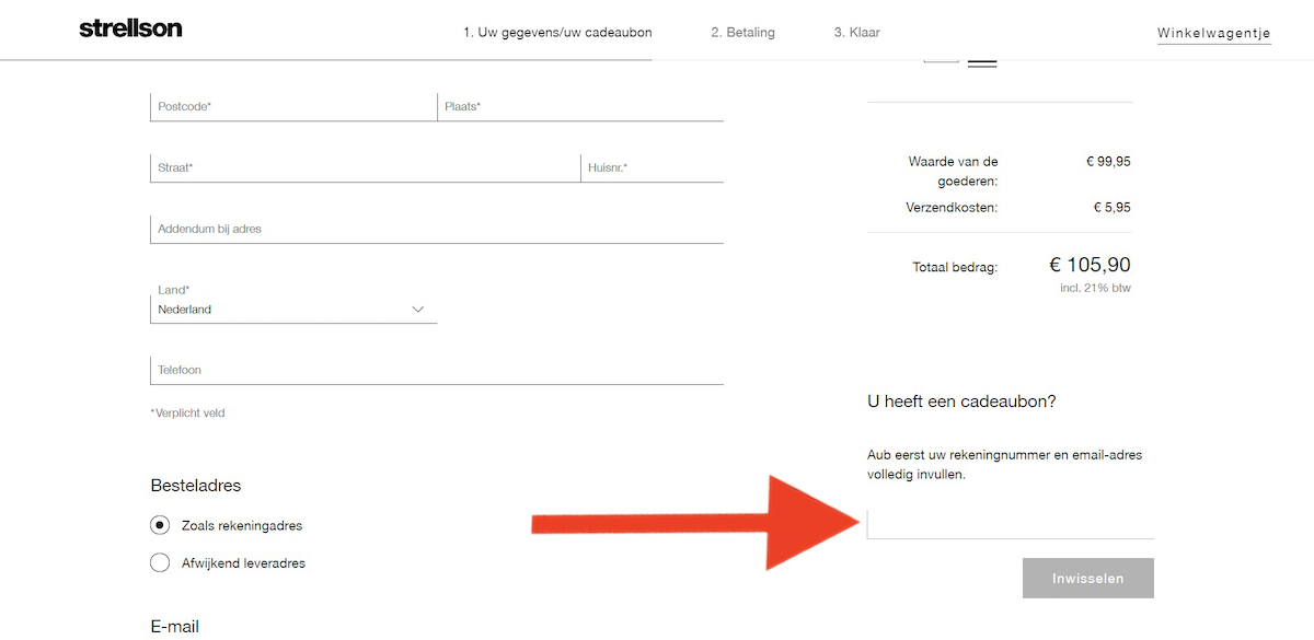 Kortingscode-invoerveld bij Strellson