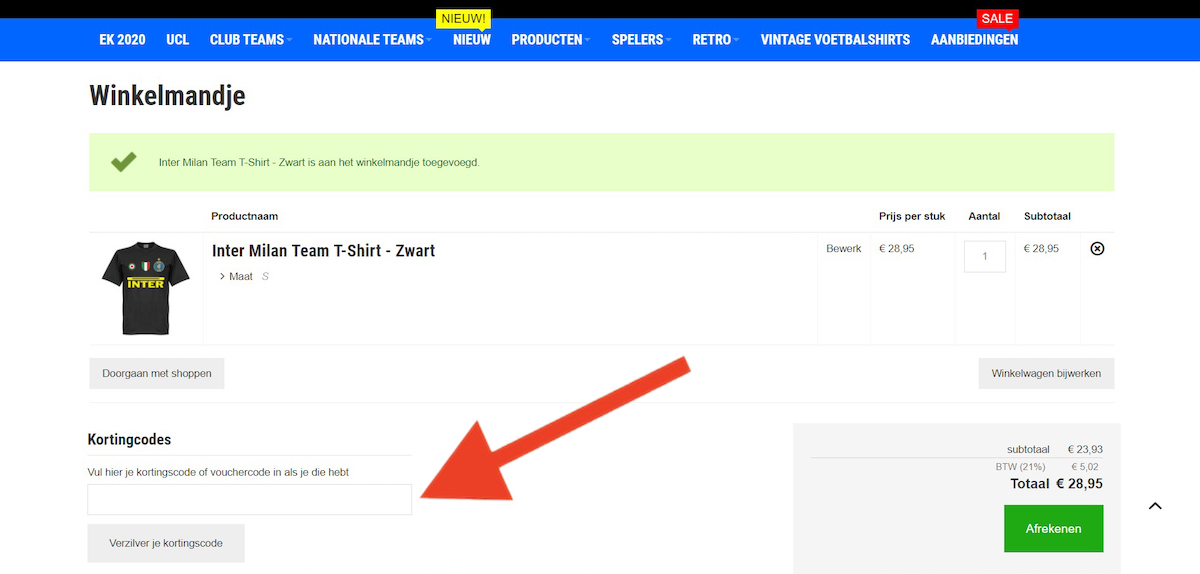 Kortingscode-invoerveld bij Subside Sports