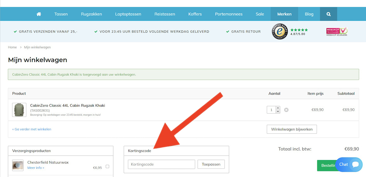 Kortingscode-invoerveld bij Tassenwinkel.nl