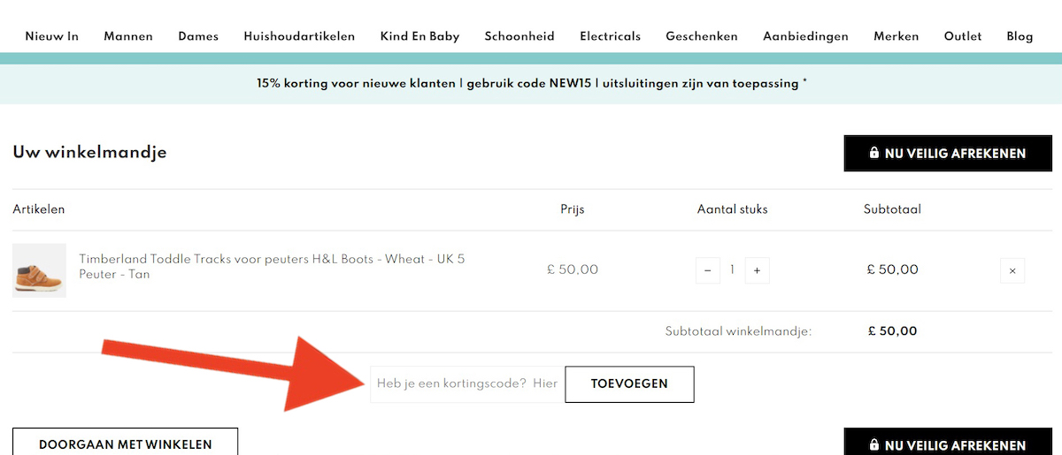 Kortingscode-invoerveld bij The Hut