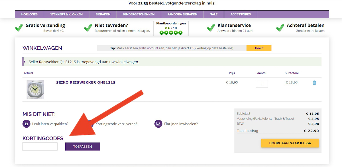 Kortingscode-invoerveld bij TimeForTrends
