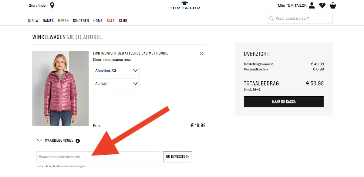 Kortingscode-invoerveld bij Tom Tailor