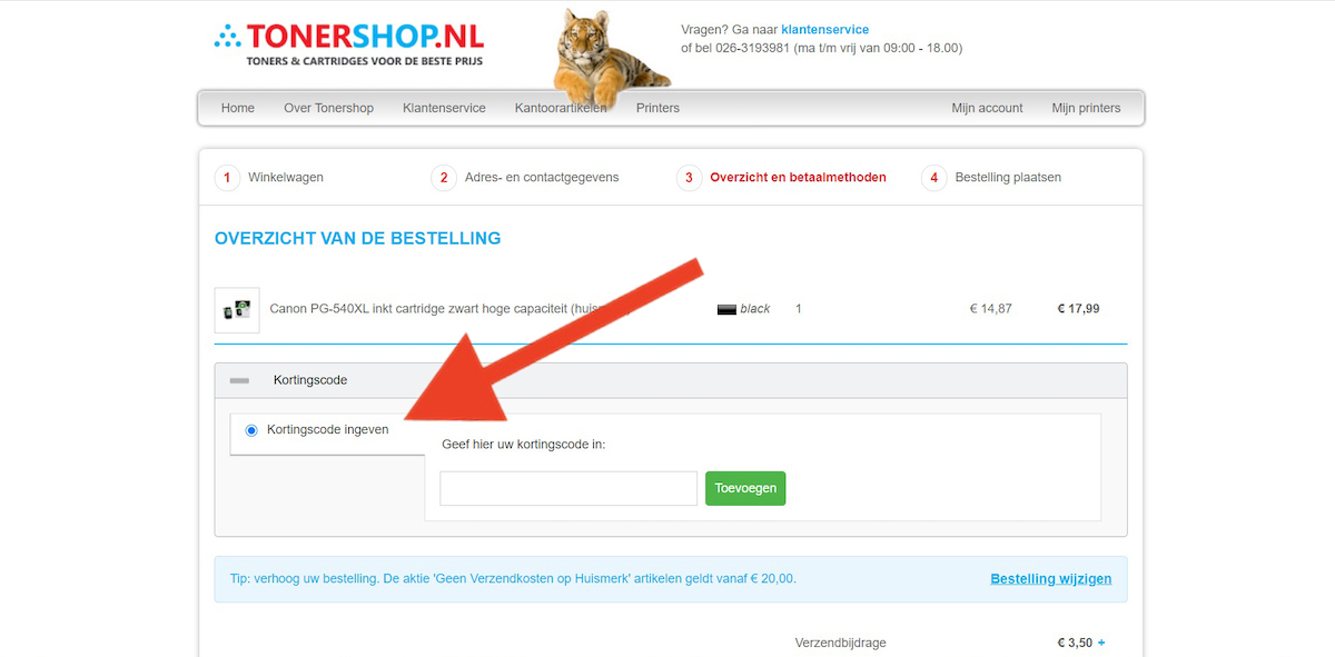 Kortingscode-invoerveld bij Tonershop