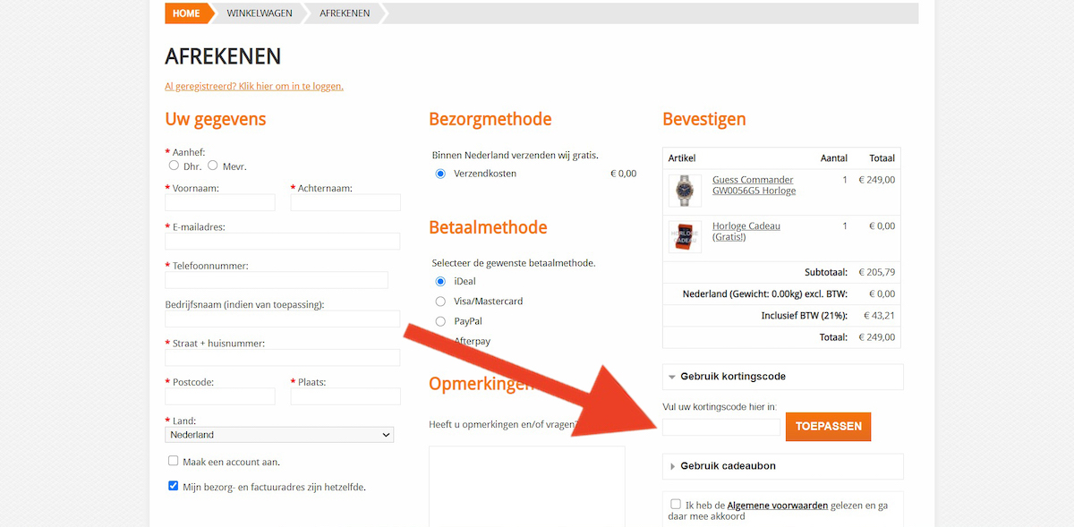 Kortingscode-invoerveld bij TopDealer.nl