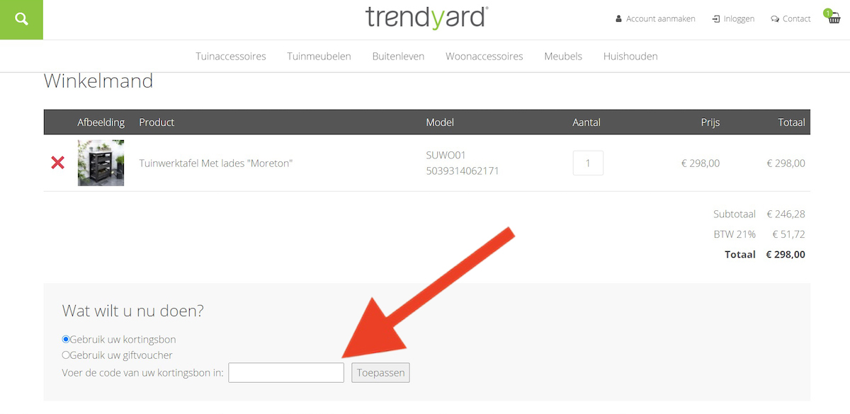 Kortingscode-invoerveld bij Trendyard