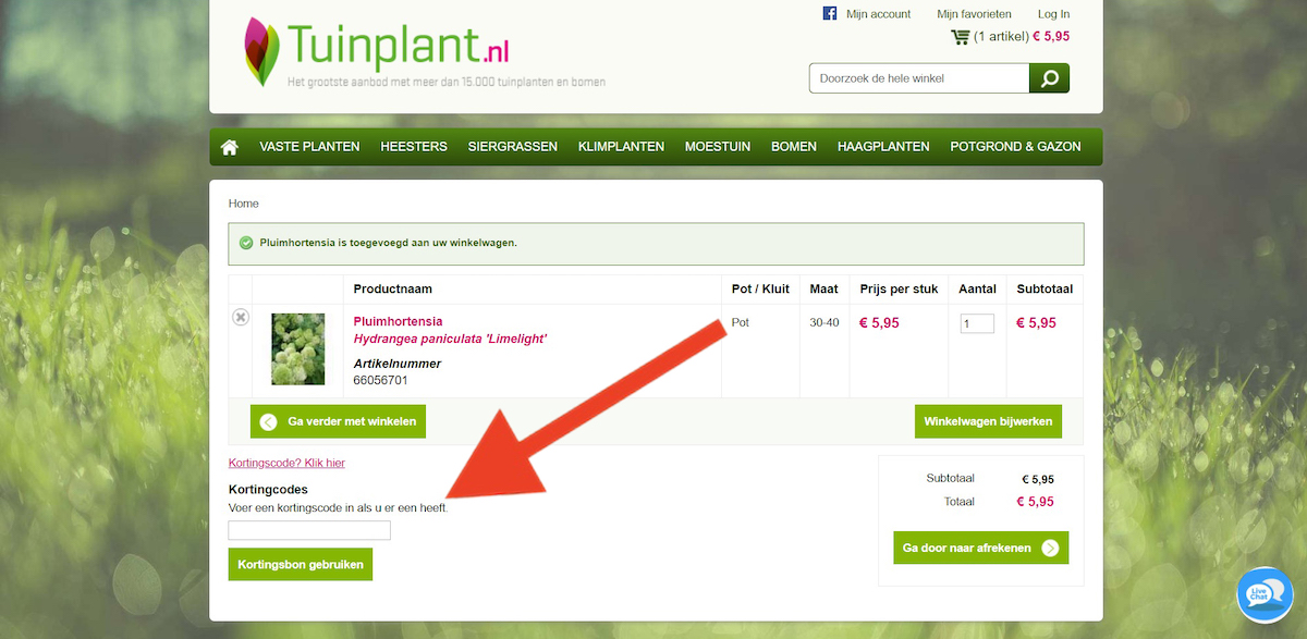 Kortingscode-invoerveld bij Tuinplant