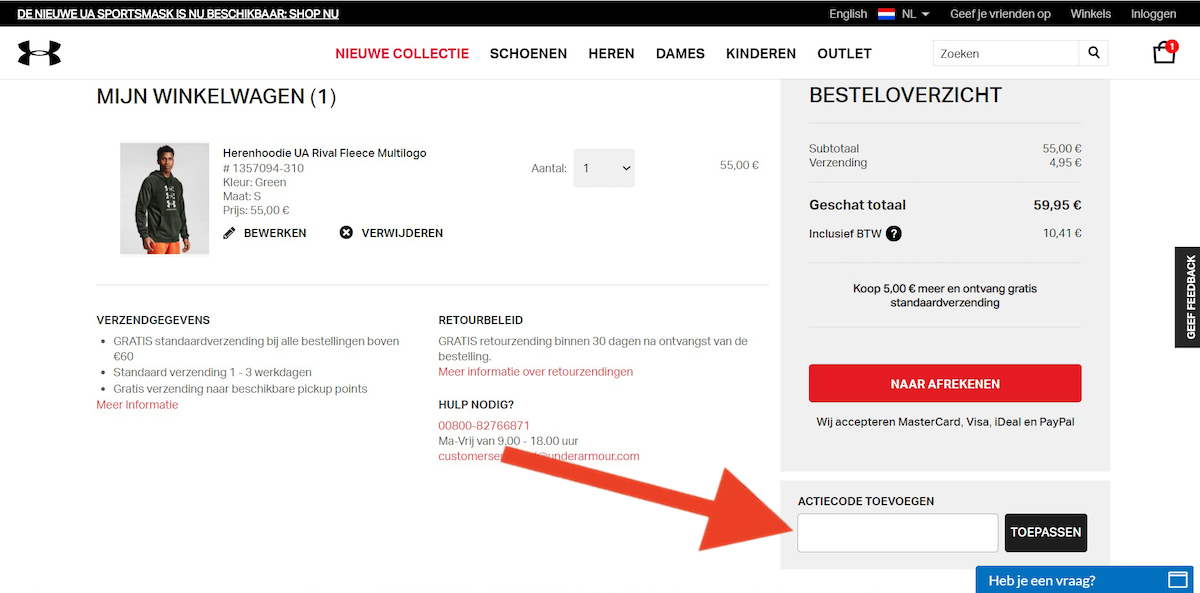 Kortingscode-invoerveld bij Under Armour