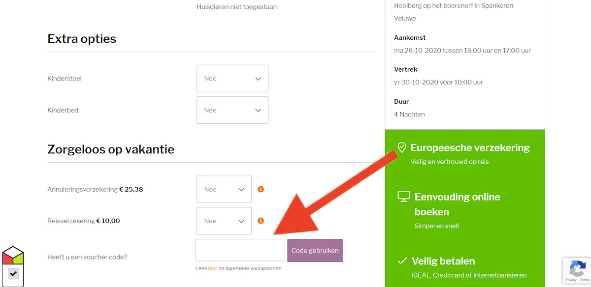 Kortingscode-invoerveld bij Vakantie Veluwe