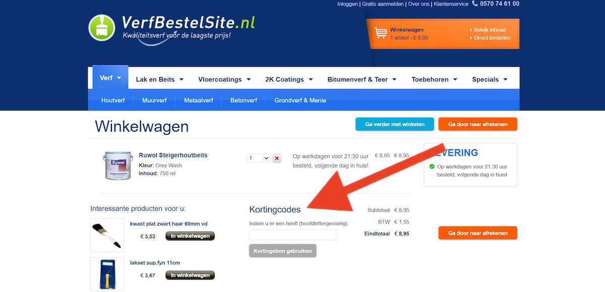 Kortingscode-invoerveld bij VerfBestelSite