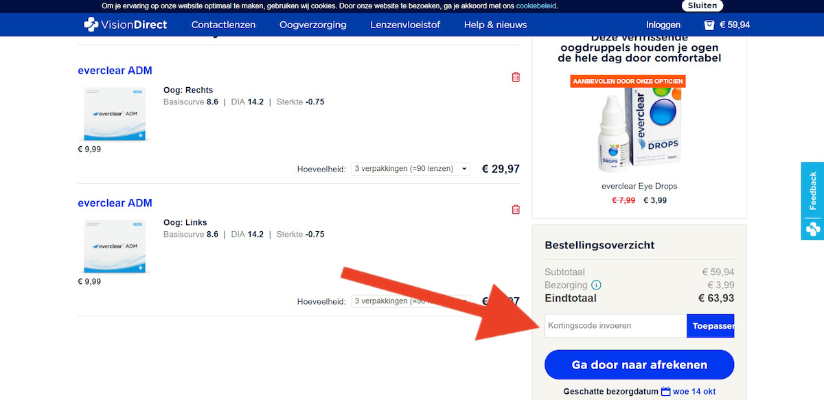 Kortingscode-invoerveld bij Vision Direct