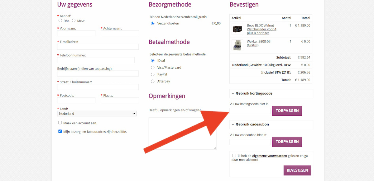 Kortingscode-invoerveld bij WatchWinderWebshop