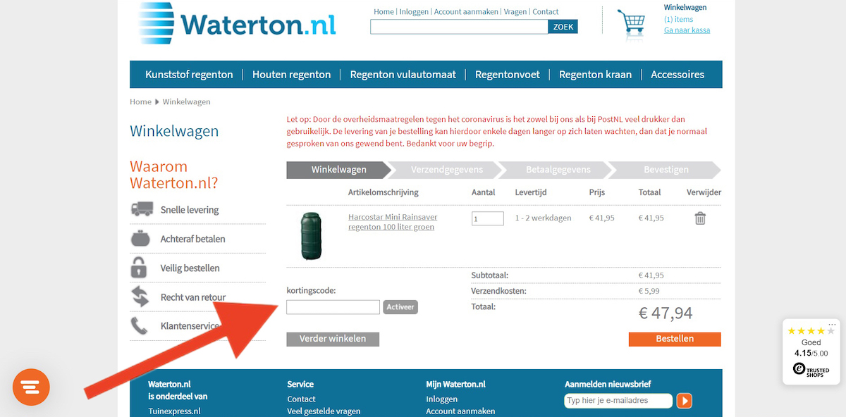 Kortingscode-invoerveld bij Waterton.nl