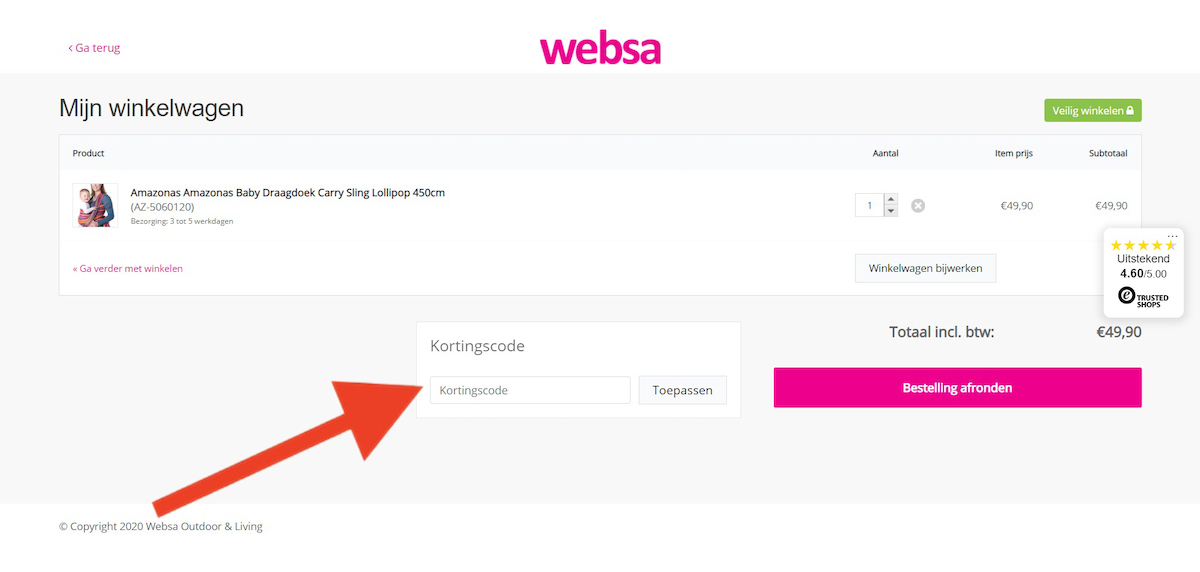 Kortingscode-invoerveld bij Websa