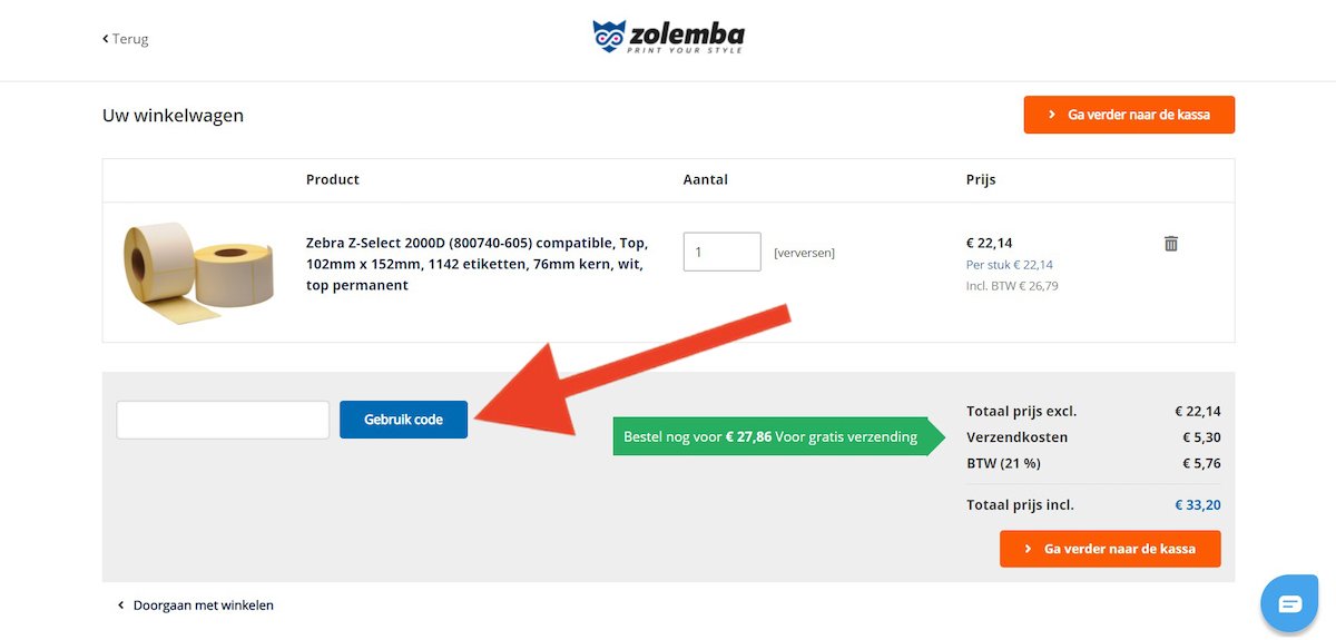 Kortingscode-invoerveld bij Zolemba