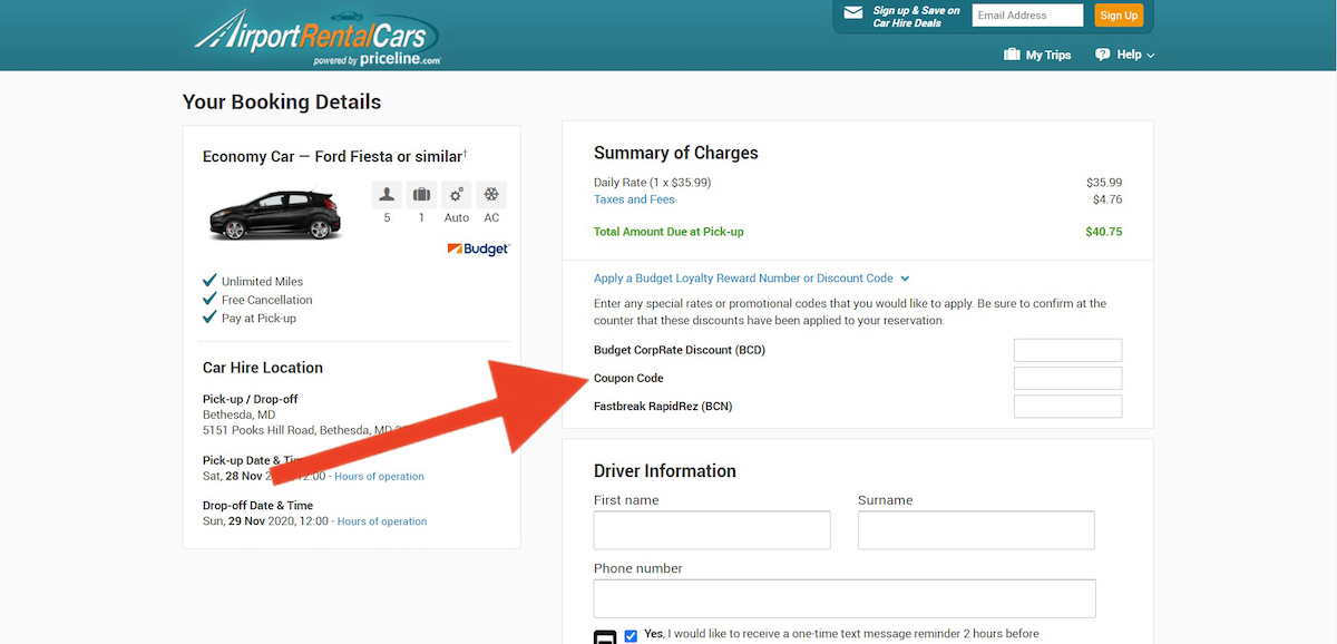 Discount code input field at AirportRentalCars