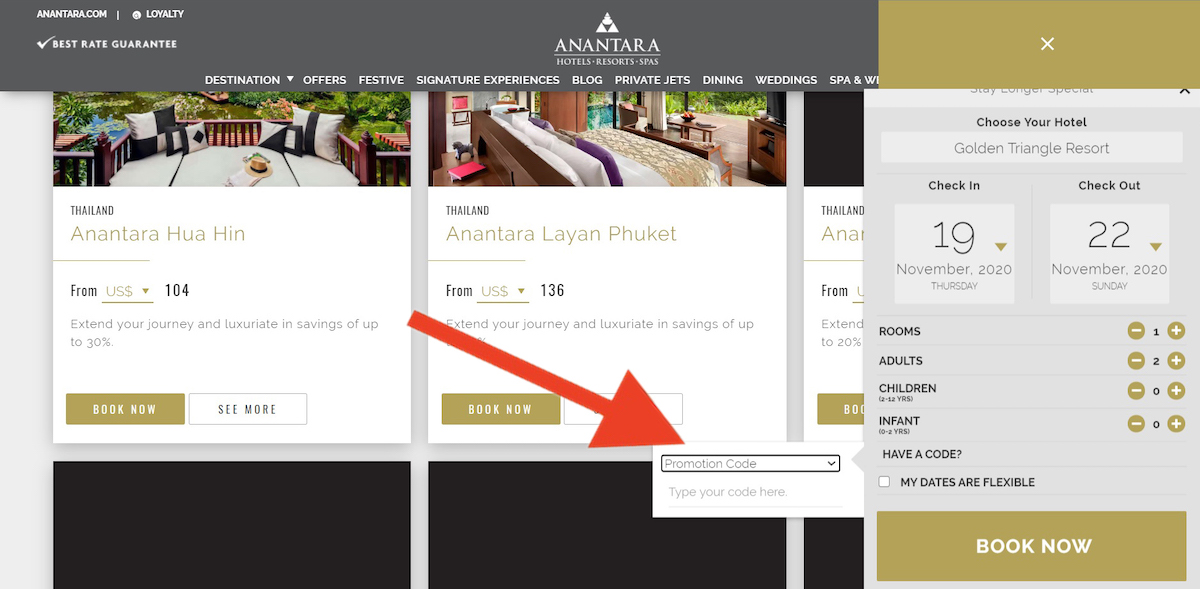 Discount code input field at ANANTARA