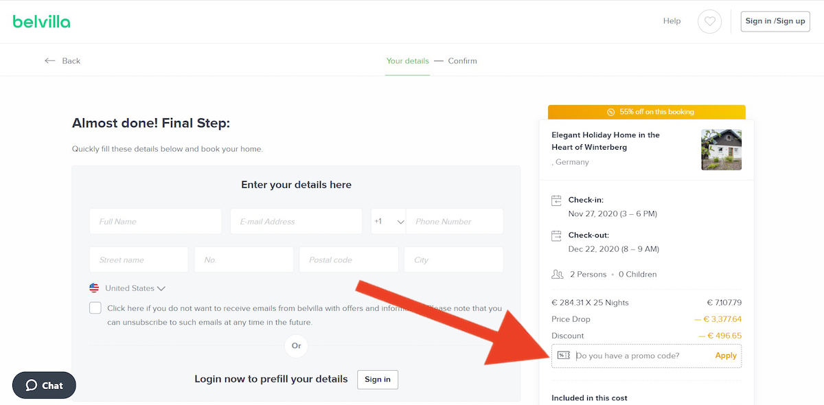 Discount code input field at Belvilla