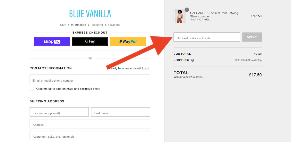 Discount code input field at Blue Vanilla