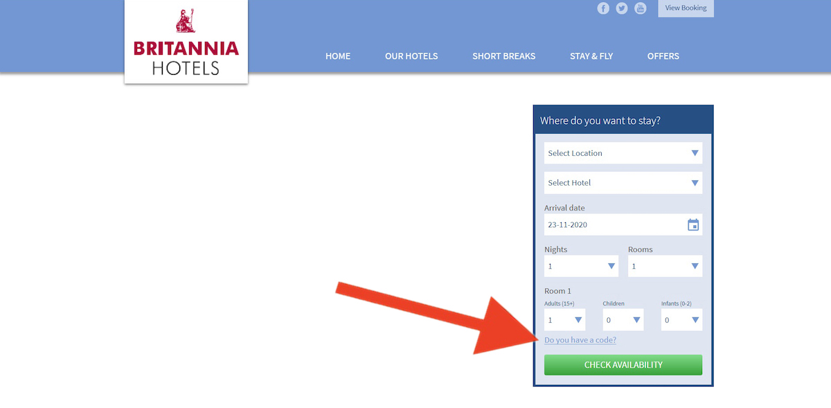 Discount code input field at Britannia Hotels