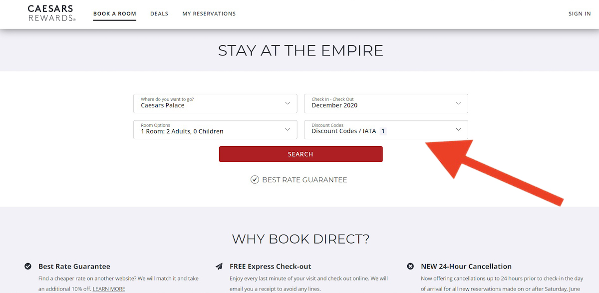 Discount code input field at Caesars