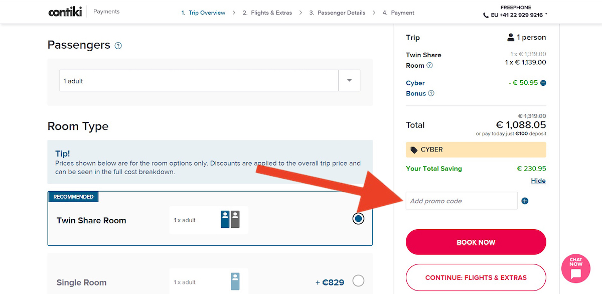Discount code input field at Contiki