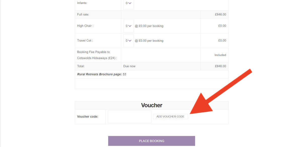 Discount code input field at Cotswolds Hideaways