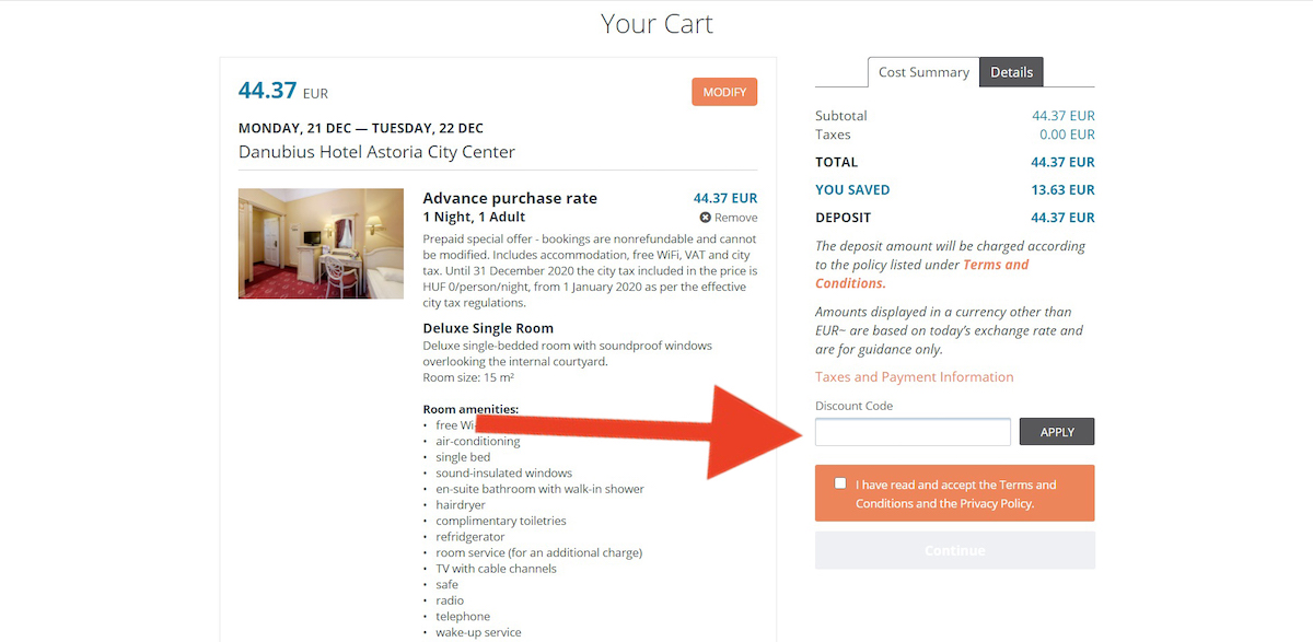 Discount code input field at Danubius Hotels
