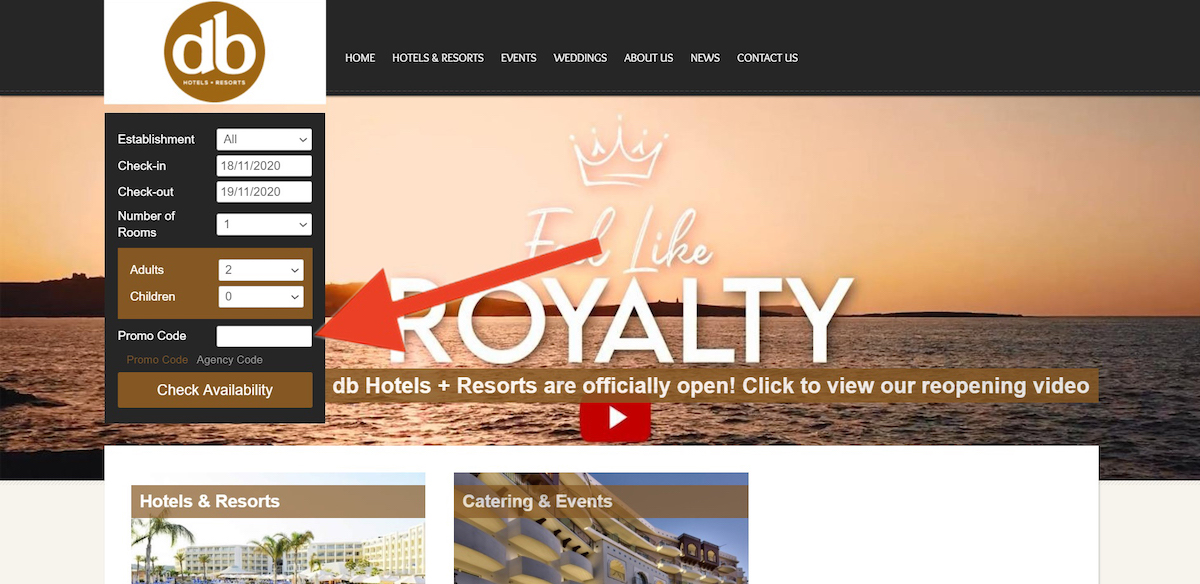 Discount code input field at db Hotels and Resorts
