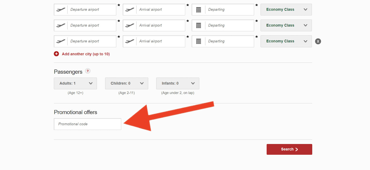 Discount code input field at Emirates
