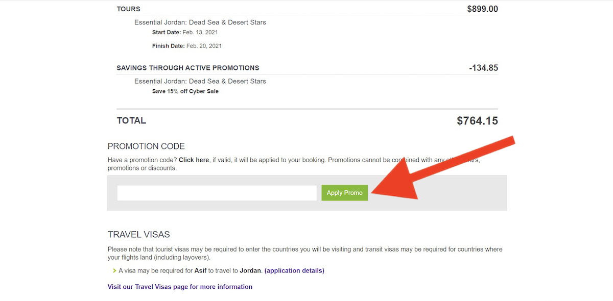 Discount code input field at G Adventures