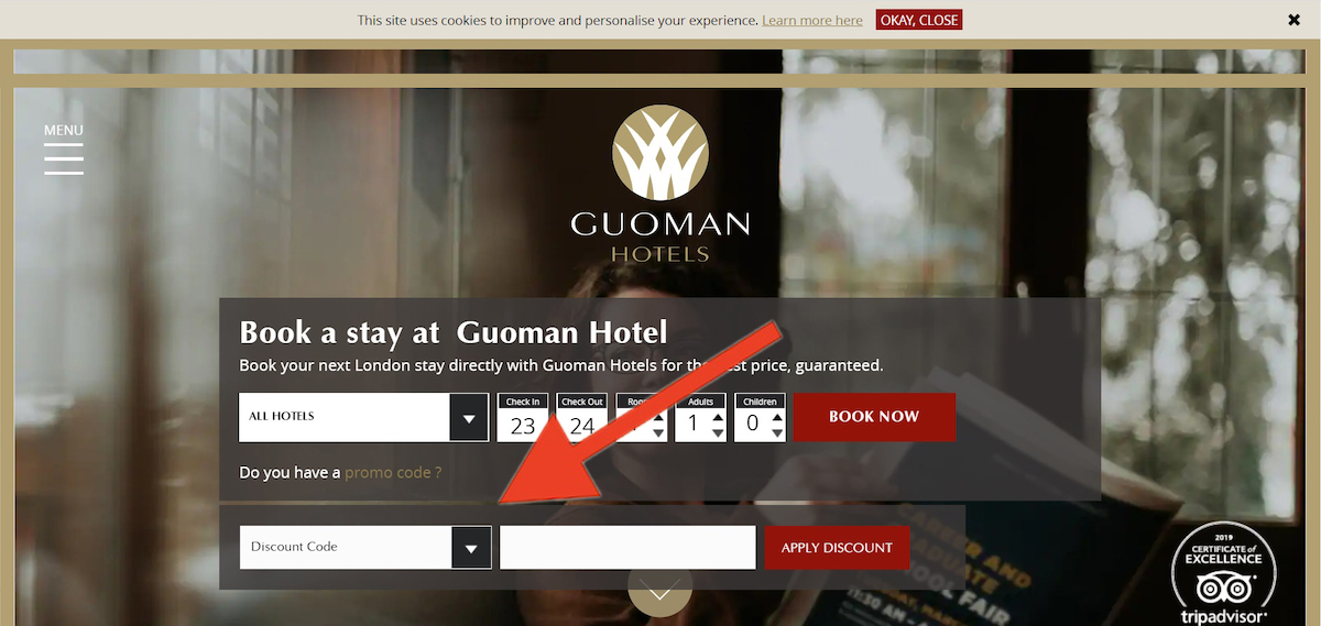 Discount code input field at Guoman Hotels